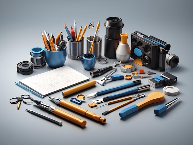 3D-rendering concept van moderne grafische ontwerpproces iconen van grafisch ontwerper items en hulpmiddelen