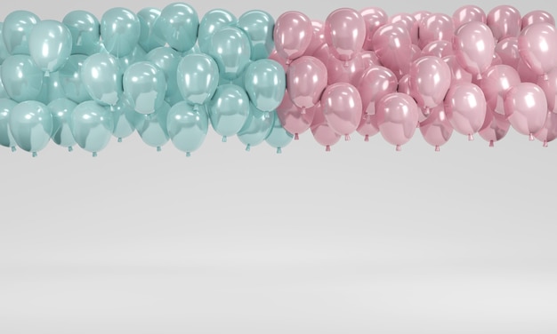 3D-rendering concept van realistische pastel blauwe en roze ballonnen drijvend op een witte achtergrond