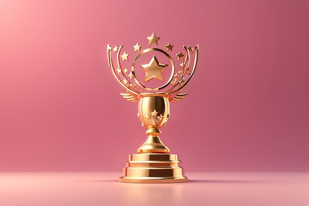 3d rendering concept of winner trophy with stars in gold on pink background 3d render 3d illustration minimal design template