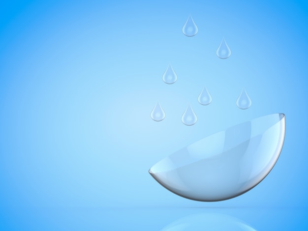 3d rendering contact len with water drop on blue background