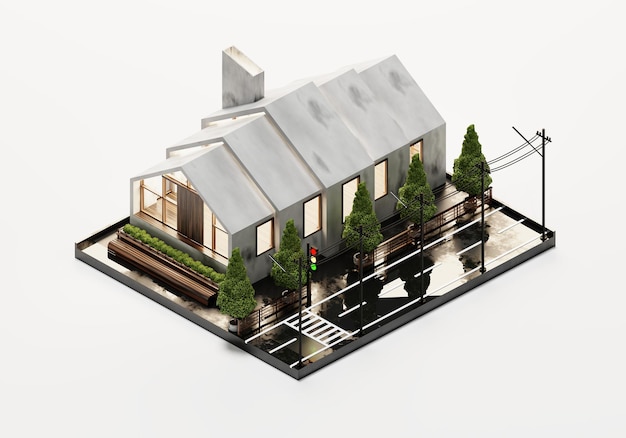 3D Rendering Contemporary House Isometric View Exterior Background