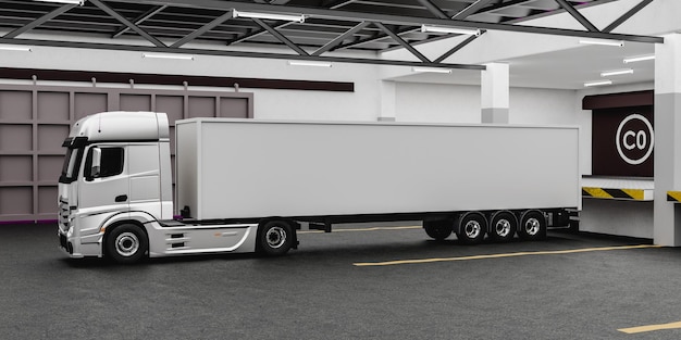 3D rendering of contemporary large white truck with blank trailer parked in spacious industrial warehouse in daytime