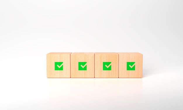 3d rendering Corporate regulatory and compliance Quality control management ISO certification Product service quality warranty Checklist survey wooden cube with check mark green icon