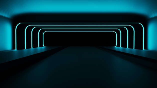 Foto rendering 3d del corridoio con luci al neon blu