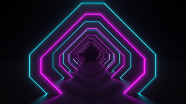 3d-рендеринг коридора с неоновыми огнями