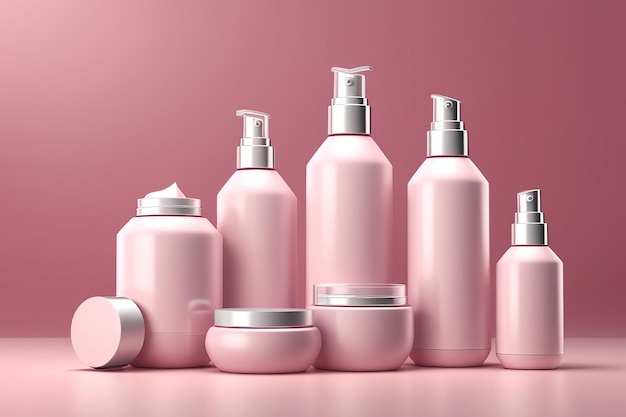 화장품 병의 3D 렌더링은 브랜드 모델이나 피부 관리 제품의 빈 패키지를 위해 완벽합니다. 분홍색 배경