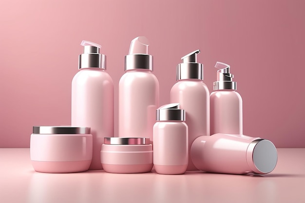 Foto rendering 3d di bottiglie cosmetiche perfette per il branding mockup o pacchetto vuoto per prodotti per la cura della pelle sfondo rosa