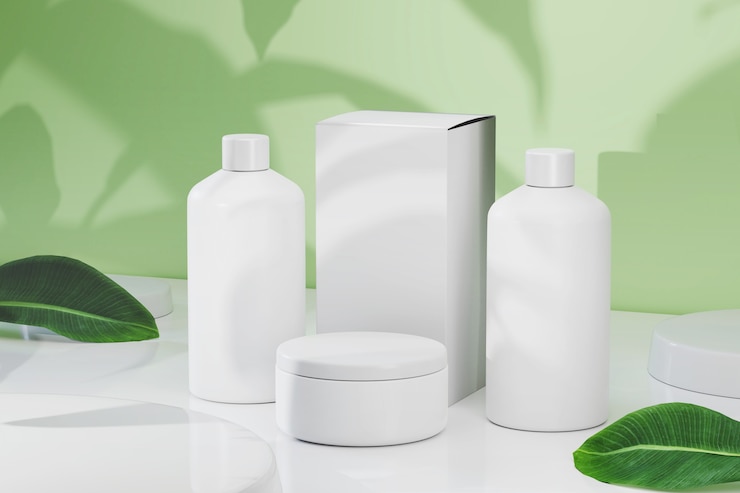 Foto 3d-rendering cosmetische container mockup cosmetische flessenset schoonheidsproductpakket natuurlijk decoreren