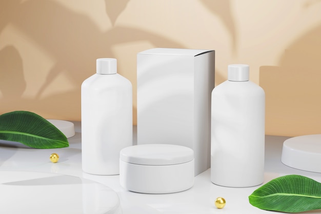 3D-rendering cosmetische container mockup Cosmetische flessenset Schoonheidsproductpakket natuurlijk decoreren