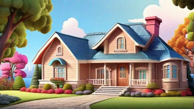 3d rendering of cottage house cartoon beautiful background