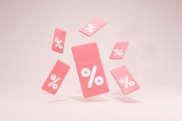 3Dレンダリングクーポン販売促進アイコンシンボルピンク色の背景正面セットビュー