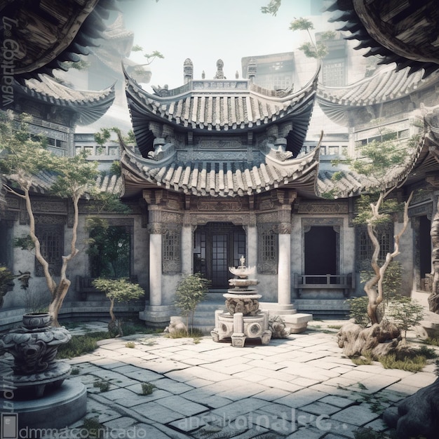 A 3d rendering of a courtyard with a fountain and a tree in the middle.