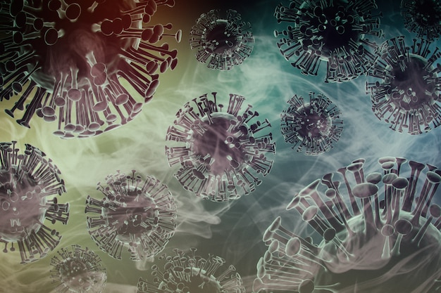 Foto rendering 3d. concetto di virus covid 2019 in nero con un sacco di fumo verde su una parete sinistra scura. concetto medico pandemico di coronavirus. primo piano del virus del microscopio.