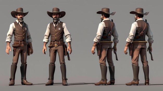 Photo a 3d rendering of a cowboy wearing a hat vest and gun belt