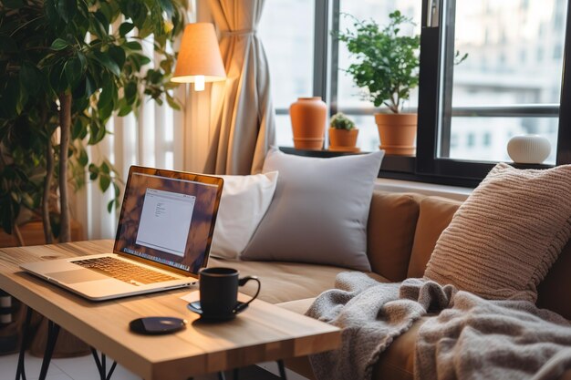 3D rendering of a cozy living room with a work desk perfect for remote work Wooden floor