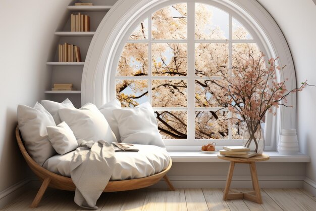 3D rendering of a cozy reading corner with a bay window Generative AI