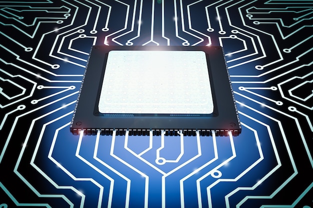 ब्लू सर्किट बोर्ड पर 3D रेंडर CPU चिप