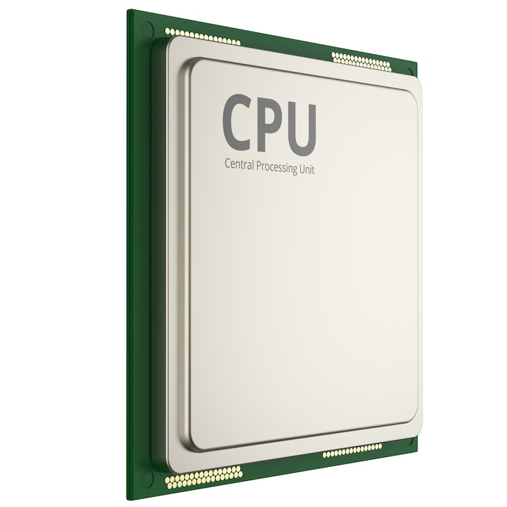 Foto 3d-rendering cpu-chip of microchip op wit wordt geïsoleerd