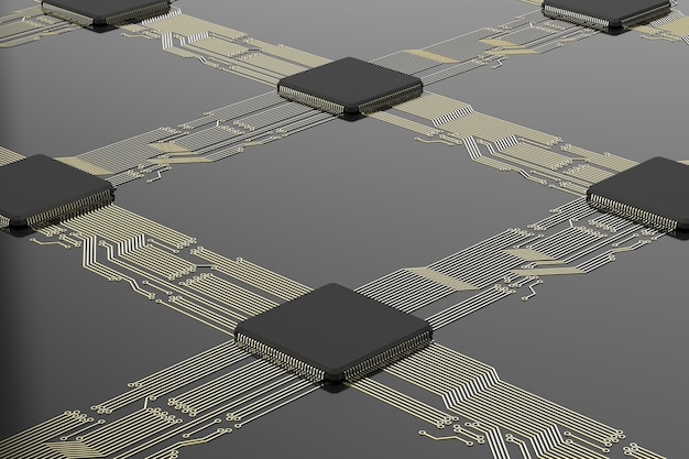 Foto chip della cpu di rendering 3d sul circuito nero