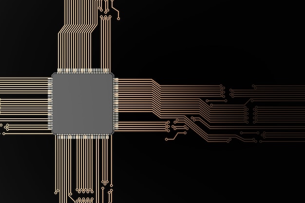 사진 검은 회로 기판에 3d 렌더링 cpu 칩