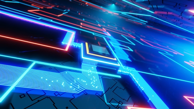 3d rendering cpu data flow circuit board electronic background blue