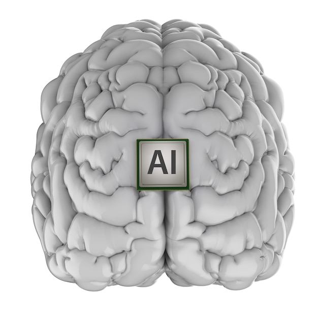 Photo 3d rendering cpu with ai brain isolated on white