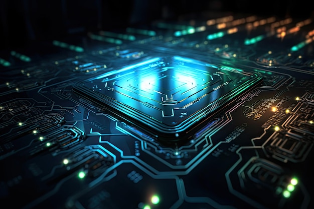 3D-рендеринг процессора с печатной платой на темном фоне Технологическая концепция Футуристический микрочип крупным планом поверхности со светящимся светом AI Generated