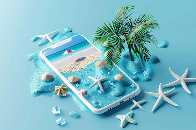 3D 렌더링: 파란색 배경의 스마트폰에서 창의적인 여름 해변 여름 휴가 개념