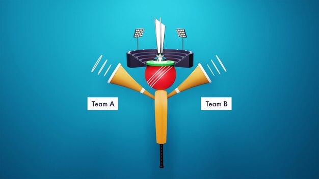 3d rendering cricket stadium view with silver trophy cup and\
participating team a vs b on blue background.