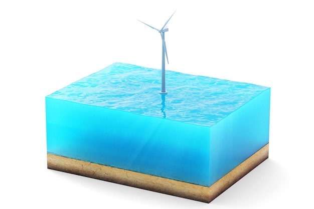 3d rendering of cross section of water cube isolated on white background. Wind turbine in the sea producing clean energy.