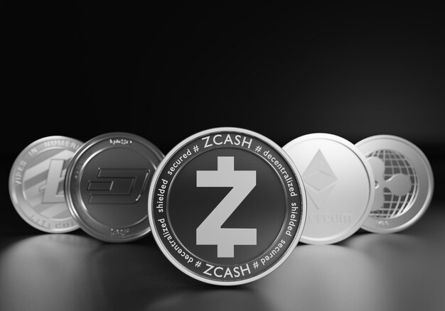 디지털 통화 자산의 zcash 코인 리더가 설정한 3d 렌더링 암호화