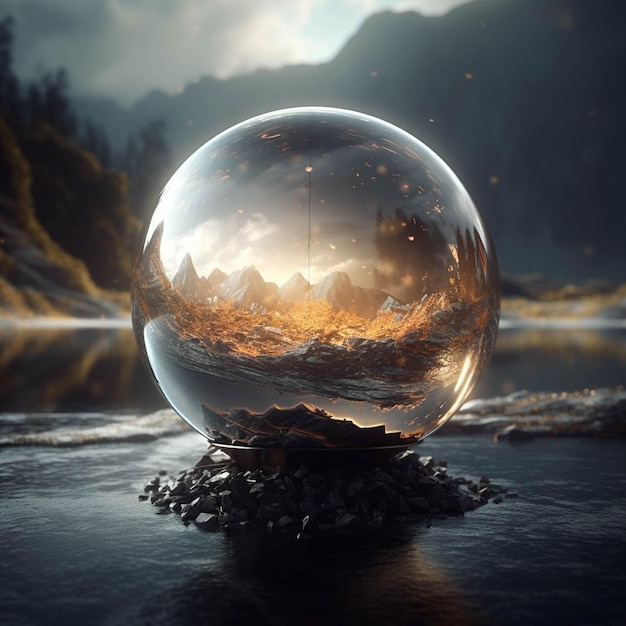 3D rendering of a crystal ball with a forest in the background