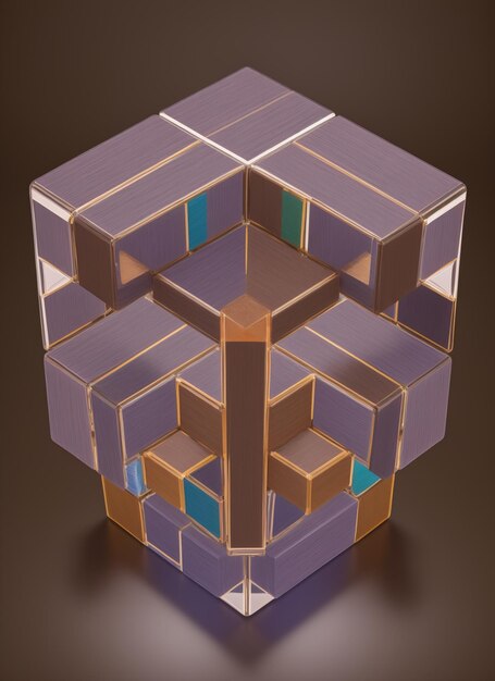 Foto un rendering 3d di un cubo con un disegno blu e marrone sui suoi lati e uno sfondo marrone con un l