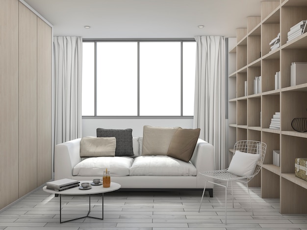 3d rendering cushion living room with bookshelf