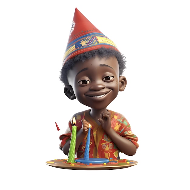 3D rendering of a cute african american boy with a birthday cake on a white background