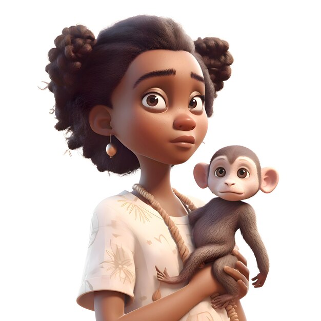 3d rendering of a cute african american girl with monkey