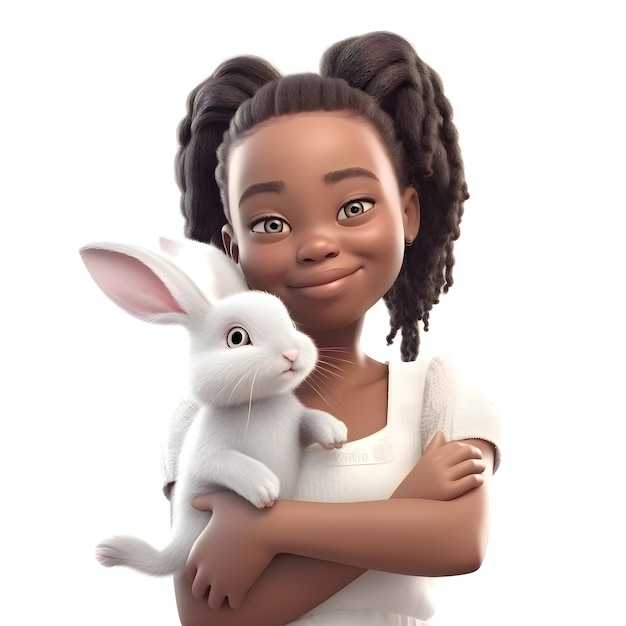 토끼와 함께 사랑스러운 아프리카계 미국인 소녀의 3D 렌더링