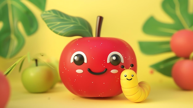 Photo 3d rendering of a cute apple character with a worm the apple is red and has a green leaf the worm is yellow and has a happy face