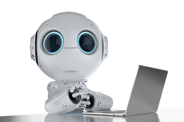 3d rendering cute artificial intelligence robot with computer notebook