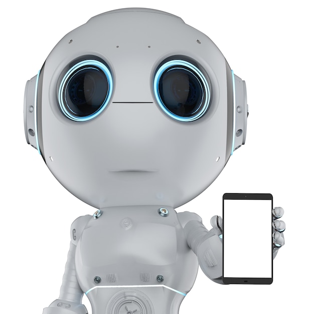 3d rendering cute artificial intelligence robot with empty screen mobile