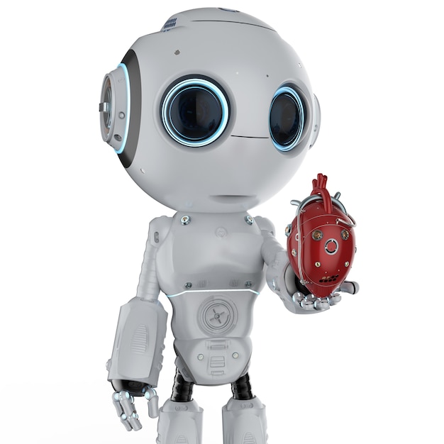 3d rendering cute artificial intelligence robot with red robotic heart