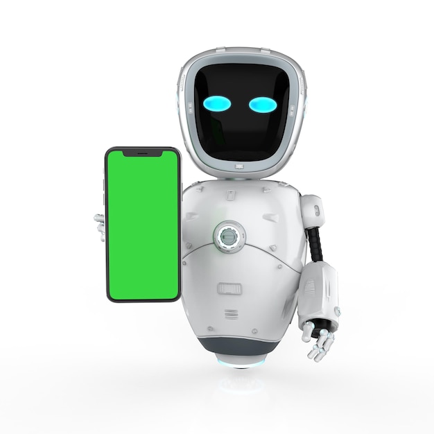 Photo 3d rendering cute artificial intelligenceâ robot or assistant robot with blank screen mobile phone