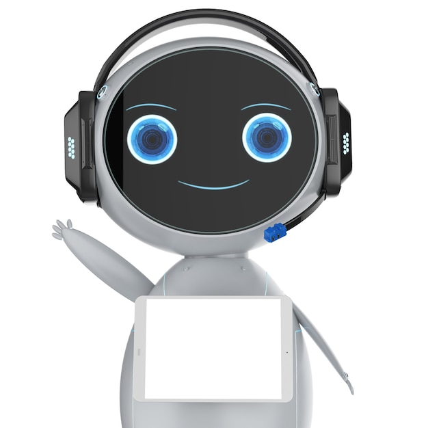 3d rendering cute assistant robot greeting with empty tablet screen