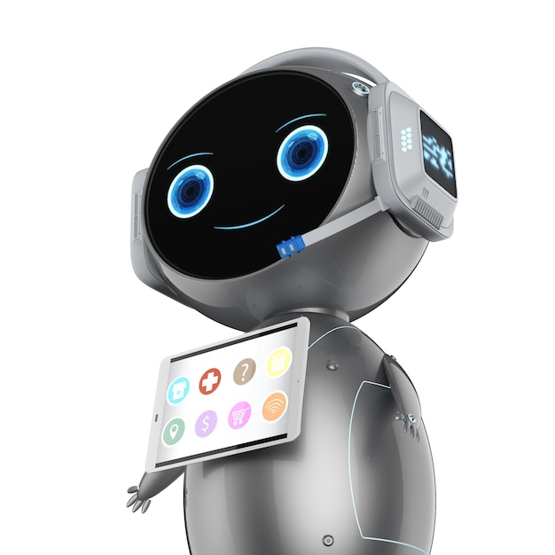 Foto rendering 3d simpatico robot assistente con schermo tablet