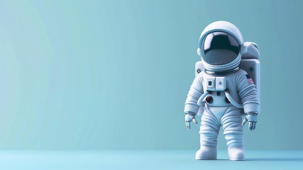 3D rendering of a cute astronaut in a spacesuit with a reflective visor standing on a blue background