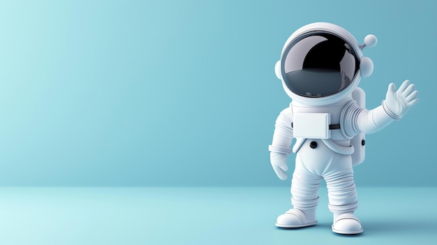 3D-рендеринг милого астронавта в белом скафандре с черным визером, стоящего на синем фоне. Астронавт машет одной рукой.