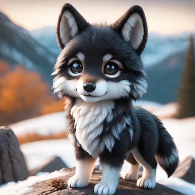 3D Rendering Cute Baby Black Wolf With Snow Background