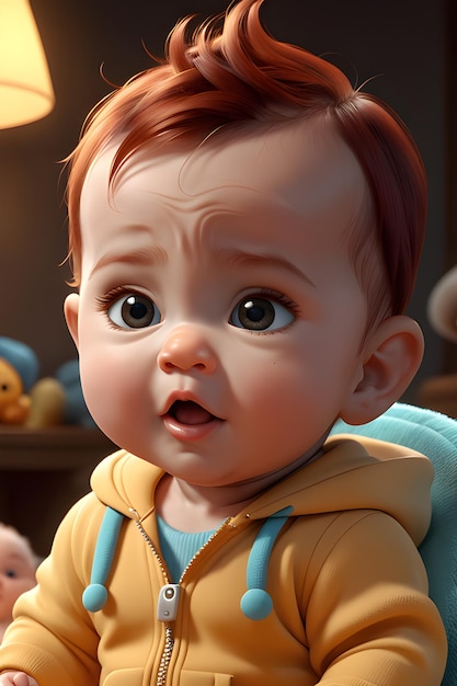 Photo 3d rendering of a cute baby boy in a yellow jacketjpg