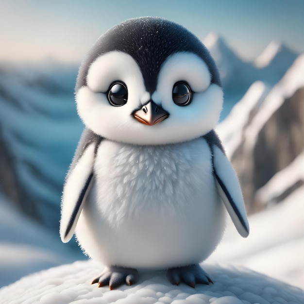 3D Rendering Cute Baby Penguin With Snow Background