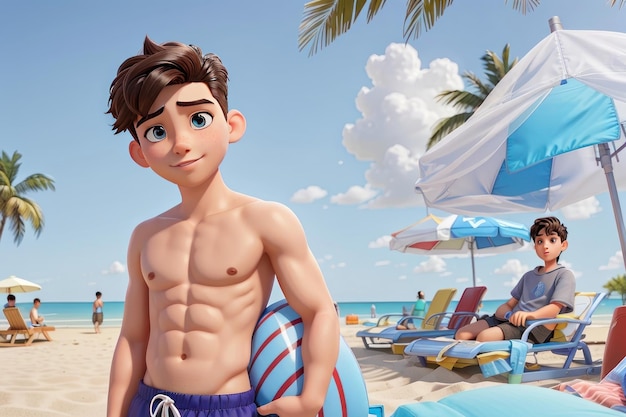 3D rendering of a cute boy lying on the beach and relaxing